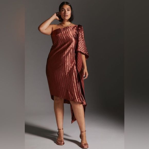 NWT ❤️GUAPA ❤️GORGEOUS❤️ANTHROPOLOGY ❤️One-Shoulder Midi Dress 14P Copper - Picture 2 of 14